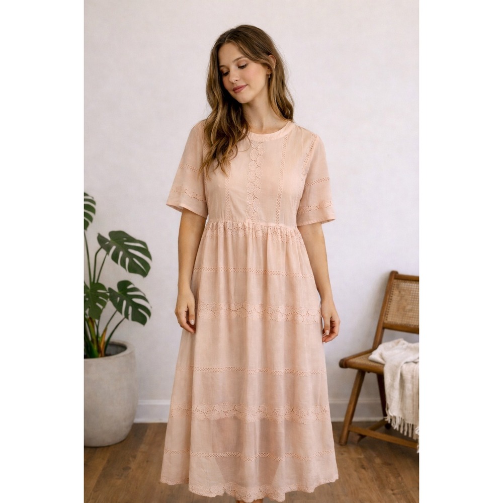 Cottagecore Praire Babydoll Midi Dress Peach Eyelet Lace Tiered XL Boho Pastel